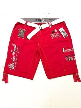 Geographical Norway Cargo Shorts Nautical Graphic Belted Utility Red SZ 3XL NWT
